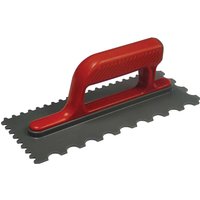 Red-handled Faithfull tiling trowel with V and U notched black plastic blade and soft grip handle.