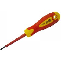 Red and yellow Faithfull VDE screwdriver with soft grip handle and parallel slotted tip, 4.0 x 100mm size.