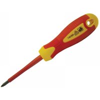 Red and yellow Faithfull Vde soft grip screwdriver with Pozidriv tip, Pz2 x 100mm shaft.