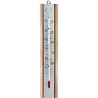 Wood-framed Faithfull wall thermometer with Celsius and Fahrenheit scales, red mercury indicator, and hanging loop.