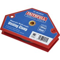 Red Faithfull Welding Magnet Quick Clamp with blue label, multi-angle design, and central hole.