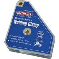 Blue Faithfull Welding Magnet Square with metal edges, labeled "Welding Clamp," featuring two circular holes.