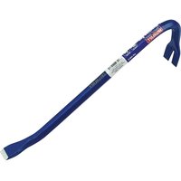 Blue Faithfull wrecking bar with a curved claw and flat chisel end.