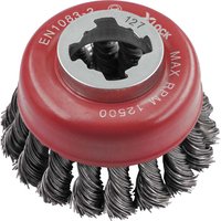 Red Faithfull X Lock Twist Knot 0.5mm steel wire cup brush with twisted bristles and central locking mechanism.