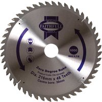 Circular saw blade with 48 teeth, silver finish, Faithfull logo, 216mm diameter, 30mm center bore.