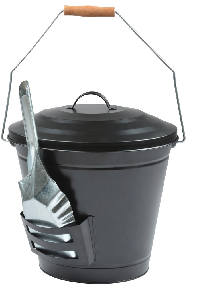 Black metal ash bucket with a lid and wooden handle, featuring a metal shovel attached to the side in a holder.