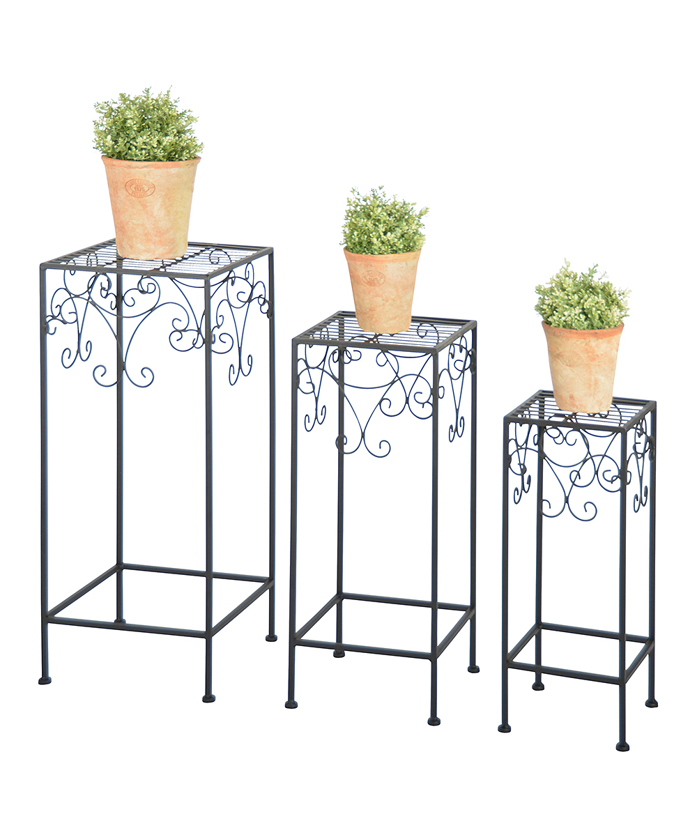 Three black iron plant tables of varying heights, featuring intricate scrollwork and topped with terracotta pots containing green plants.