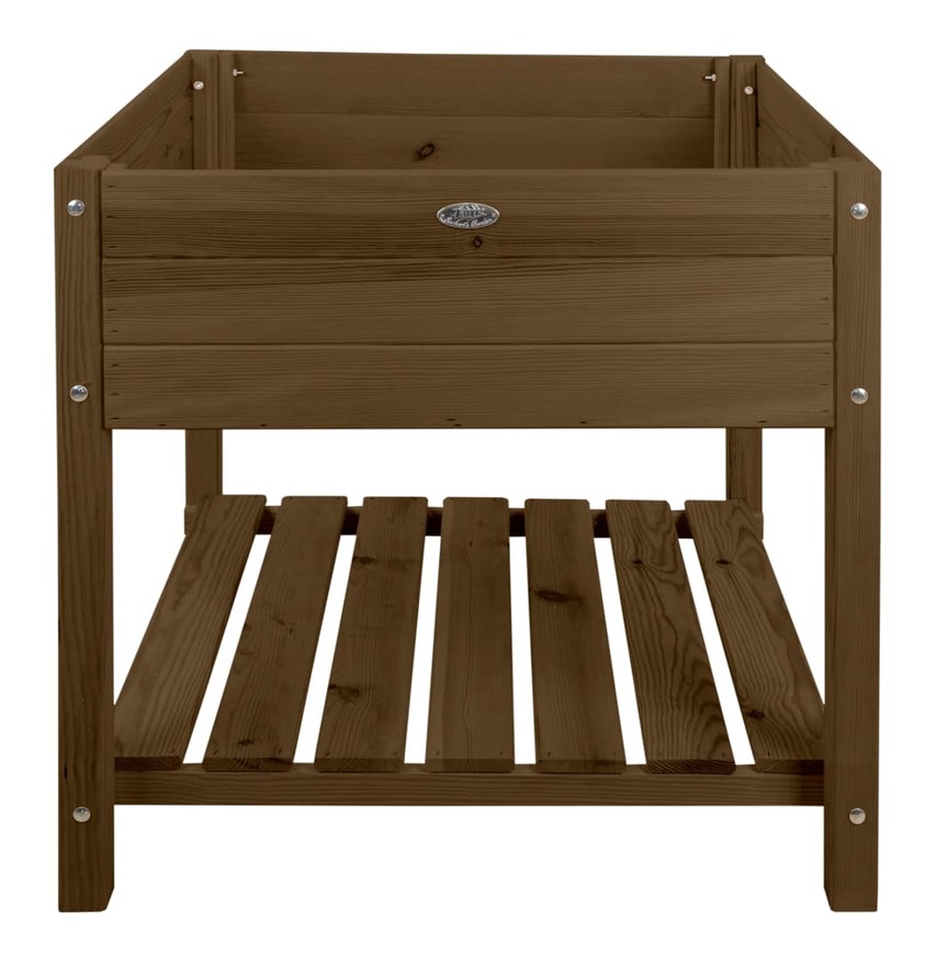 Brown wooden raised garden bed with a slatted bottom shelf, featuring a simple design and metal logo plate, ideal for planting and gardening.
