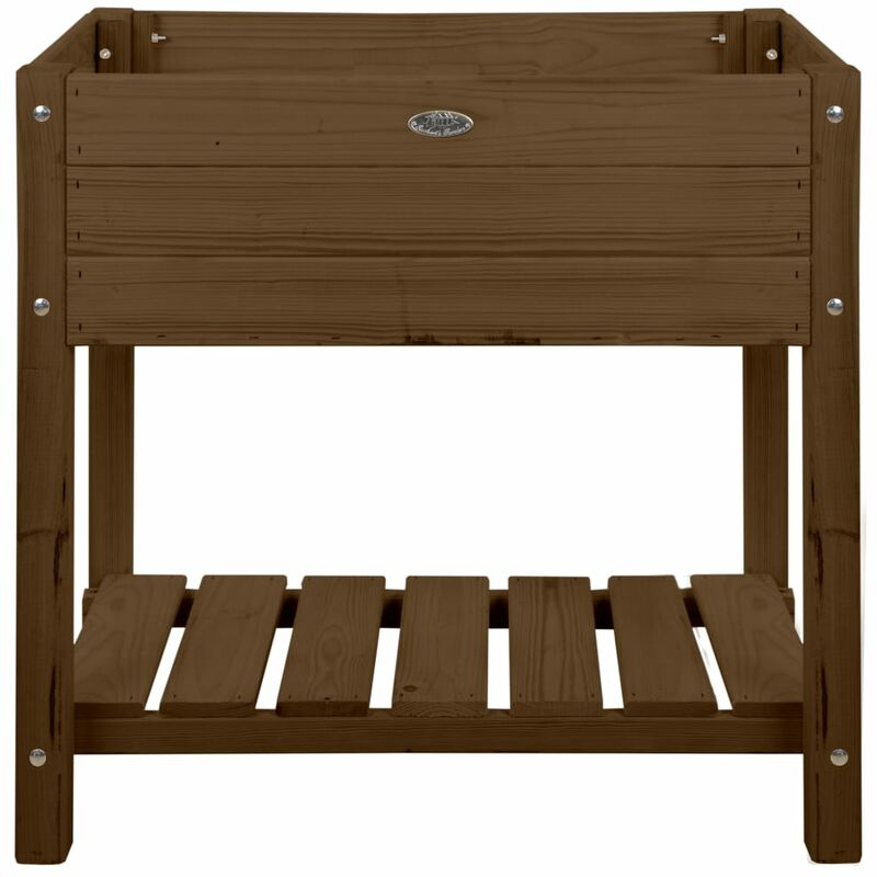 Brown elevated wooden planter with a slatted bottom shelf and a smooth top, featuring a metal logo plate on the front.