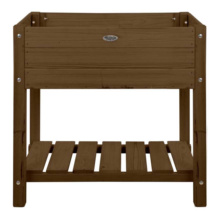 Brown wooden raised garden bed with a slatted shelf underneath, featuring a smooth finish and silver logo plaque on the front.