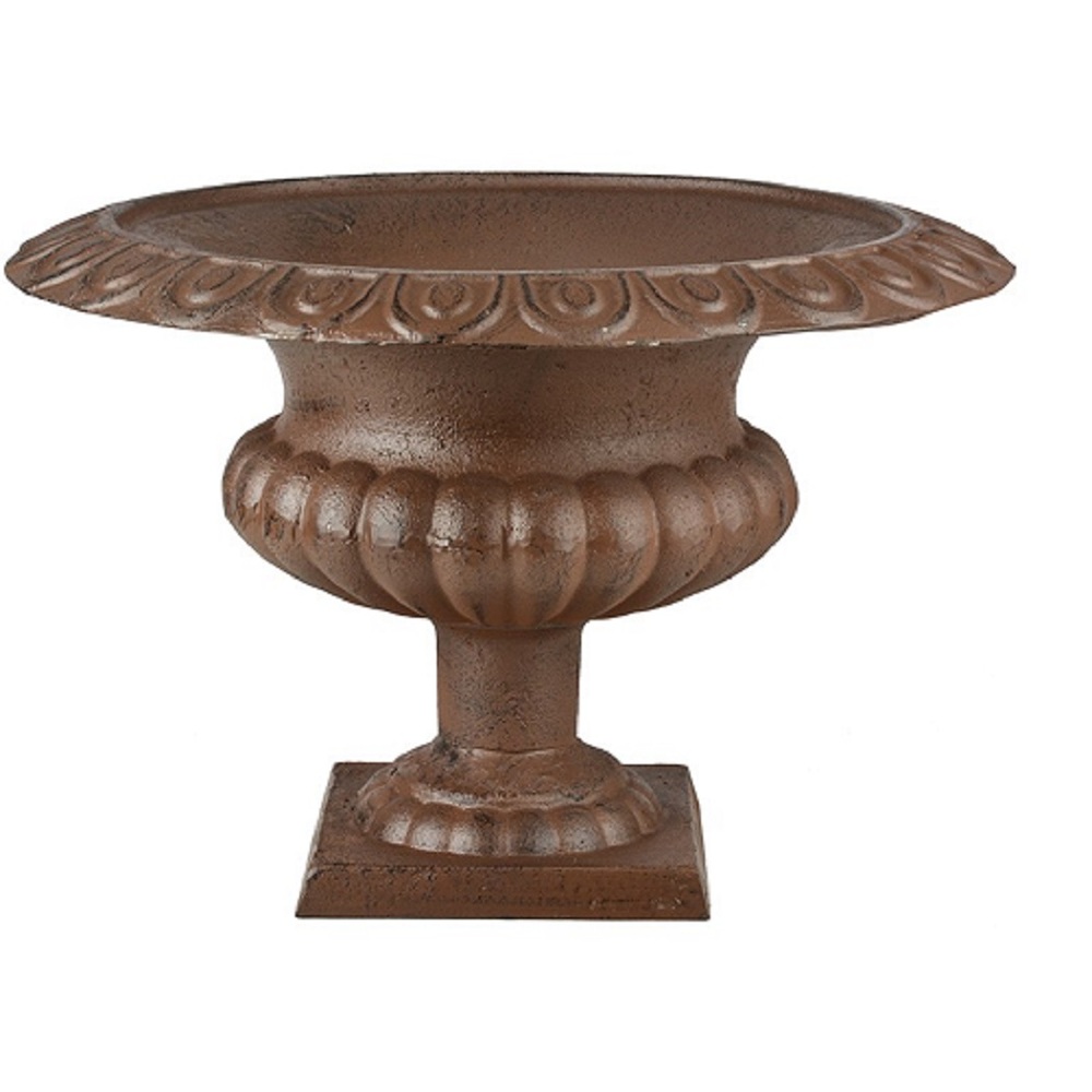 Low, round French-style vase in a rustic brown finish, featuring a fluted design and a sturdy square base, made of durable material for outdoor use.