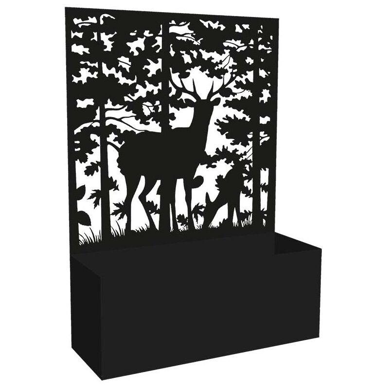 Black metal planter featuring a deer and forest design, with a trellis backdrop, measuring 55 inches in height, ideal for displaying plants.