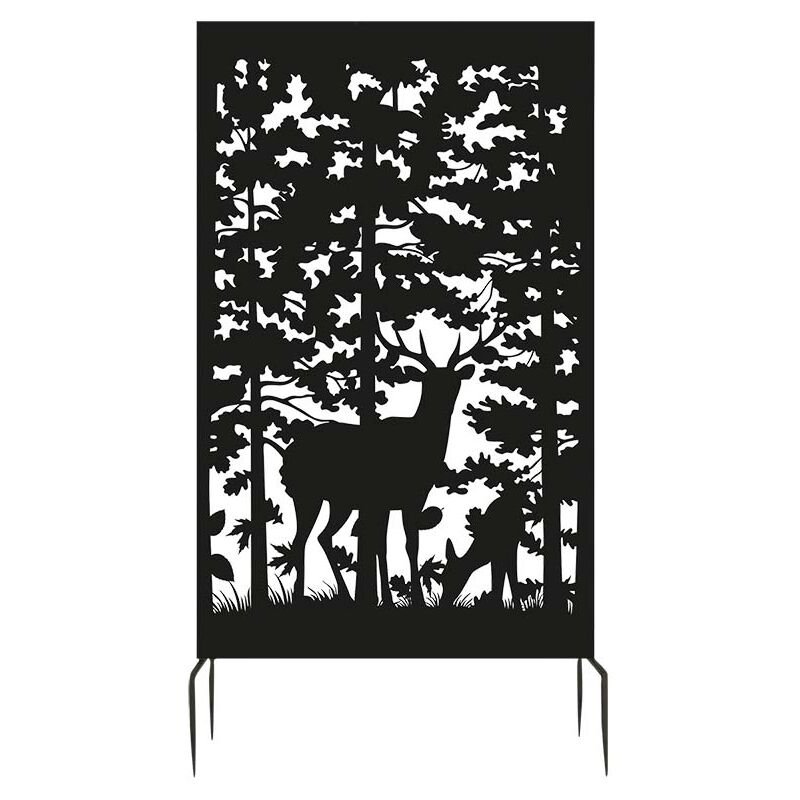 Black metal trellis featuring a deer silhouette surrounded by trees and foliage, designed for garden privacy or decoration.