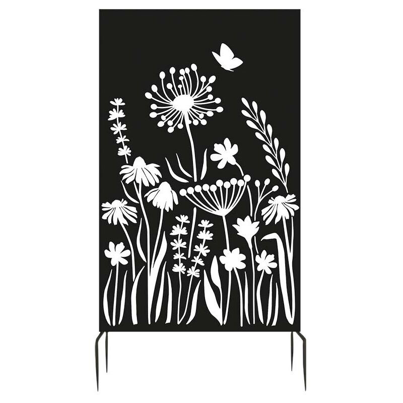 Black metal trellis featuring a floral design with white silhouettes of various flowers and a butterfly, supported by two metal stakes.