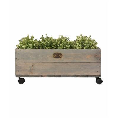 Medium pinewood planter on wheels with a rustic gray finish, featuring a rounded metal handle and filled with lush green plants.