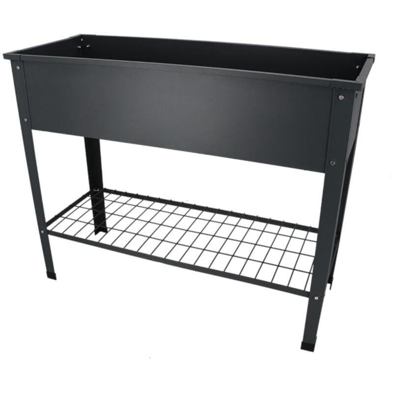 Rectangular anthracite metal planter with a sturdy frame, featuring a wire grid shelf underneath for storage, designed for gardening and outdoor use.