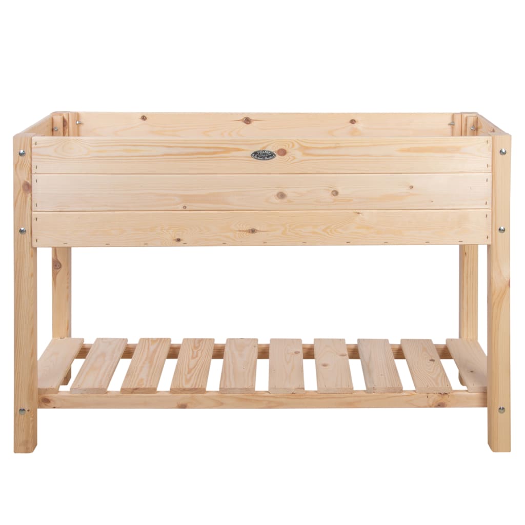 Raised planter box in light wood color, featuring a slatted base and sturdy wooden frame with horizontal slats on the sides, ideal for gardening and outdoor use.