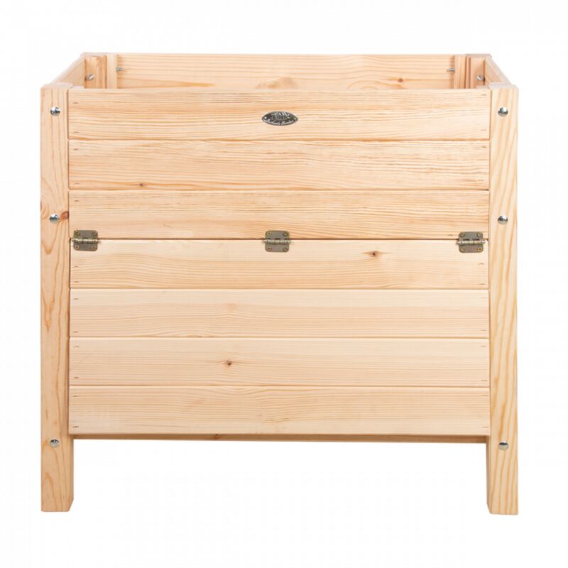 Slatted pine planter with a natural wood finish, featuring a storage compartment with metal latches, measuring 31 liters, ideal for gardening and outdoor use.