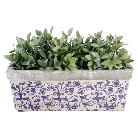 Rectangular ceramic planter featuring a blue and white floral design, with a textured gray rim, filled with lush green foliage.