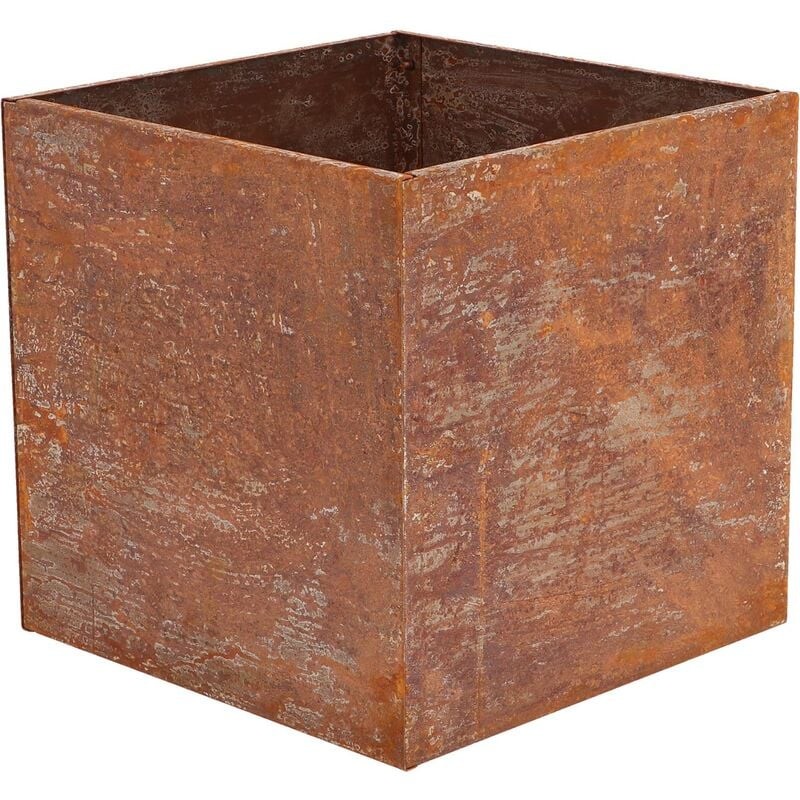 Square planter made of rust-colored corten steel, featuring a textured surface and a sturdy, minimalist design, measuring 15 inches on each side.
