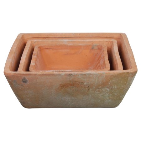 Set of three aged terracotta square pots in varying sizes, featuring a rustic finish with a slightly weathered appearance and a smooth texture.