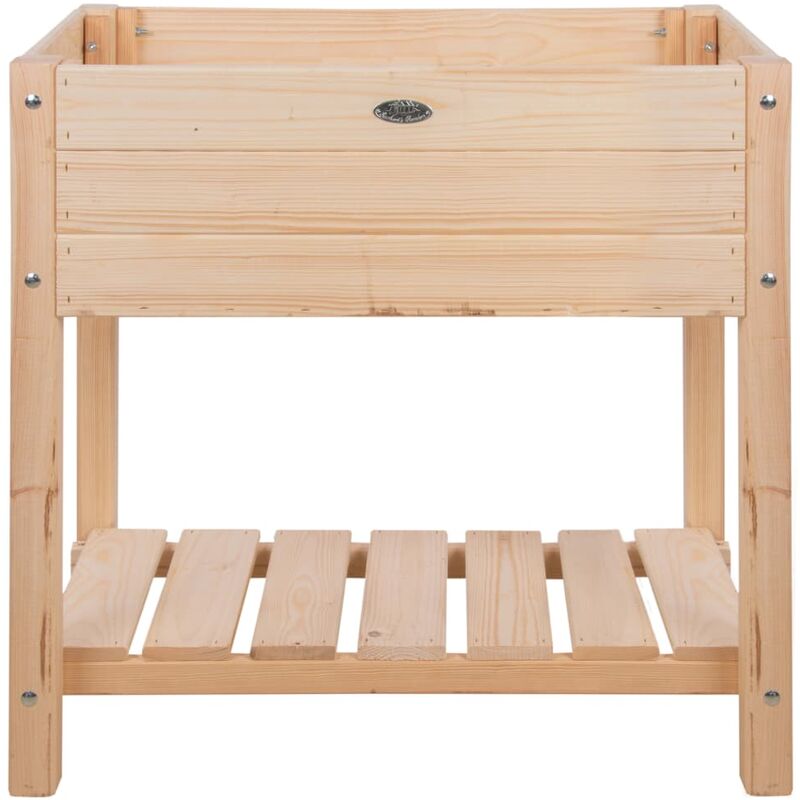 Natural wood raised bed planter in light pine finish, featuring a rectangular planting area, slatted bottom shelf, and metal logo plate on the front.