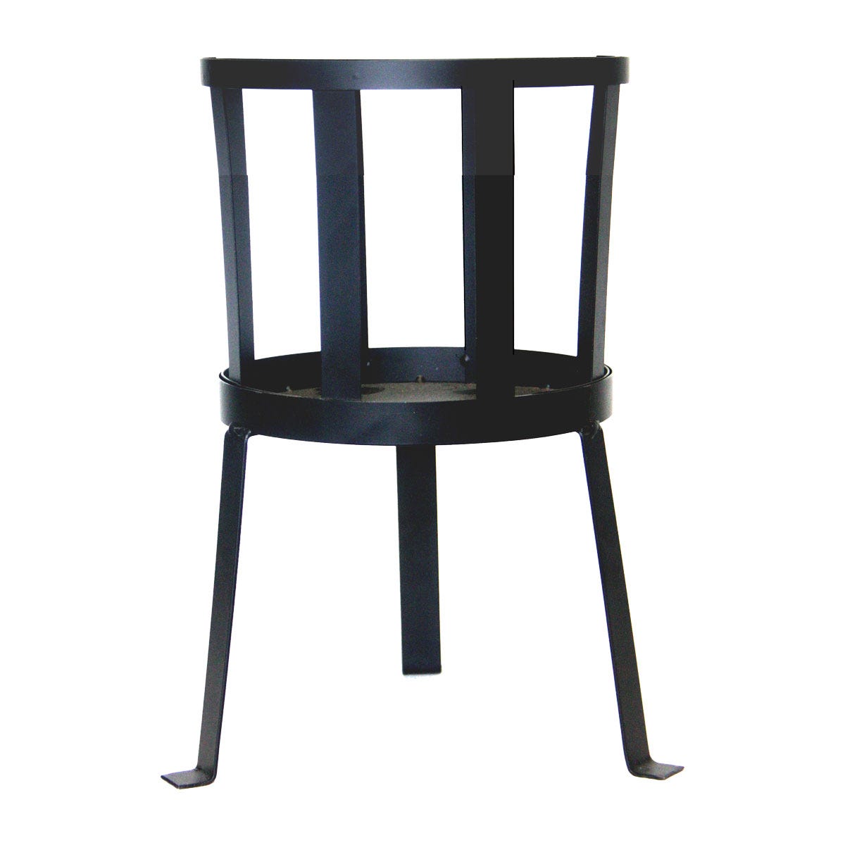 Black metal fire basket with a cylindrical shape, featuring vertical slats and a sturdy base, designed for holding Swedish torches securely.