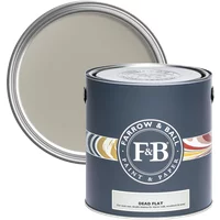 Farrow & Ball Dead Flat 2.5L paint can, Hardwick White No. 5, dark blue label, open lid showing ultra-matt light gray paint.