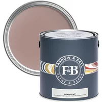 Farrow & Ball paint can, Sulking Room Pink No. 295, ultra-matt, gray tin with colorful logo, open lid showing pink paint.