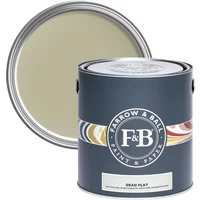 Farrow & Ball Dead Flat 5L paint can, Ball Green No. 75, dark blue label, ultra matt finish, lid open showing color.