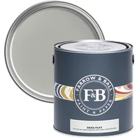 Farrow & Ball Dead Flat 5L paint can, Lamp Room Gray No. 88, dark blue label with color swatches and F&B logo.