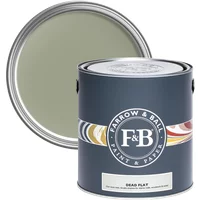 Farrow & Ball Dead Flat 5L paint can, Lichen No. 19, dark gray with colorful logo, lid shows muted green shade.