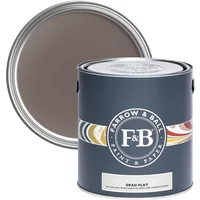 Farrow & Ball Dead Flat paint can, 5L, London Clay No. 244, dark grey label, open lid showing brown paint.