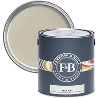 Farrow & Ball Dead Flat 5L paint can, Old White No. 4, dark gray container with colorful band and lid showing paint color.