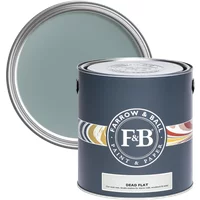 Farrow & Ball 5L paint can, Oval Room Blue No. 85, ultra-matt finish, dark blue label with F&B logo and color swatches.
