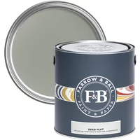 Farrow & Ball Dead Flat 5L paint can, Pigeon No. 25, dark gray with colorful stripe and F&B logo, lid open showing paint.