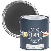 Farrow & Ball Dead Flat 5L paint can, Pitch Black No. 256, dark gray label, ultra matt finish, open lid showing black paint.