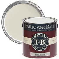 Farrow & Ball Estate Emulsion 2.5L can, Shadow White No. 282, with open lid showing chalky matt light beige paint.