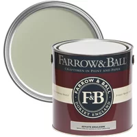 Farrow & Ball Estate Emulsion 2.5L paint can, Vert de Terre No. 234, with chalky matt finish, lid off showing pale green.