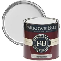 Farrow & Ball Estate Emulsion 5L paint can, Blackened No. 2011, maroon label, chalky matt finish, lid open.