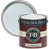 Farrow & Ball Estate Emulsion 5L, Borrowed Light No. 235, light blue paint in a maroon and black can with white lid.