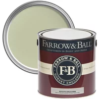 Farrow & Ball 5L paint can, Cooking Apple Green No. 32, chalky matt finish, dark red label with F&B logo.