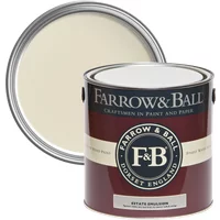 Farrow & Ball Estate Emulsion 5L paint can, Lime White No. 1, with a luxurious chalky matt finish, lid open.