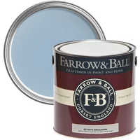 Farrow & Ball Estate Emulsion 5L tin, Lulworth Blue No. 89, with chalky matt finish, open lid showing soft blue paint.