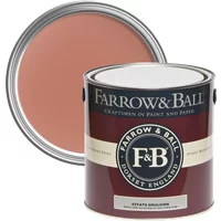 Farrow & Ball Estate Emulsion 5L paint can, Red Earth No. 64, with a chalky matt finish, open to show a warm terracotta shade.