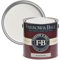 Farrow & Ball Estate Emulsion 5L can, Strong White No. 2001, with maroon label and chalky matt finish.