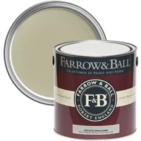 Farrow & Ball paint can, Ball Green No. 75, with maroon label and chalky matt finish, lid open showing pale green paint.