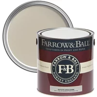 Farrow & Ball Estate Emulsion paint can, Drop Cloth No. 283, with a rich, chalky matt finish, lid open showing beige color.