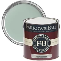 Farrow & Ball Estate Emulsion paint can, Green Blue No. 84, with a chalky matt finish, lid open showing color.