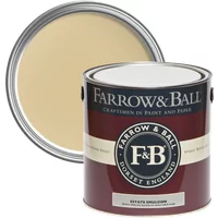 Farrow & Ball Estate Emulsion, Hay No. 37, beige paint in a maroon can with a white lid and black logo band.